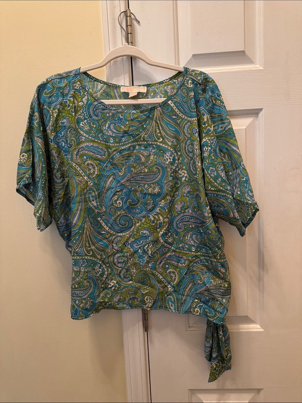 Michael Kors Teal and Green Paisley Tie-Hem Blouse